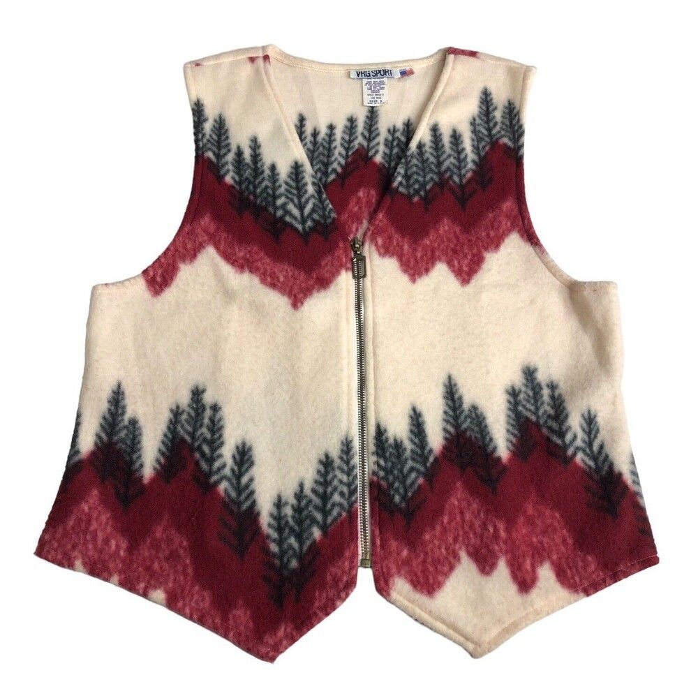 Vintage VRG Sport Vest Womens S Cream Fleece Trees Nature Outdoor Full Zip USA